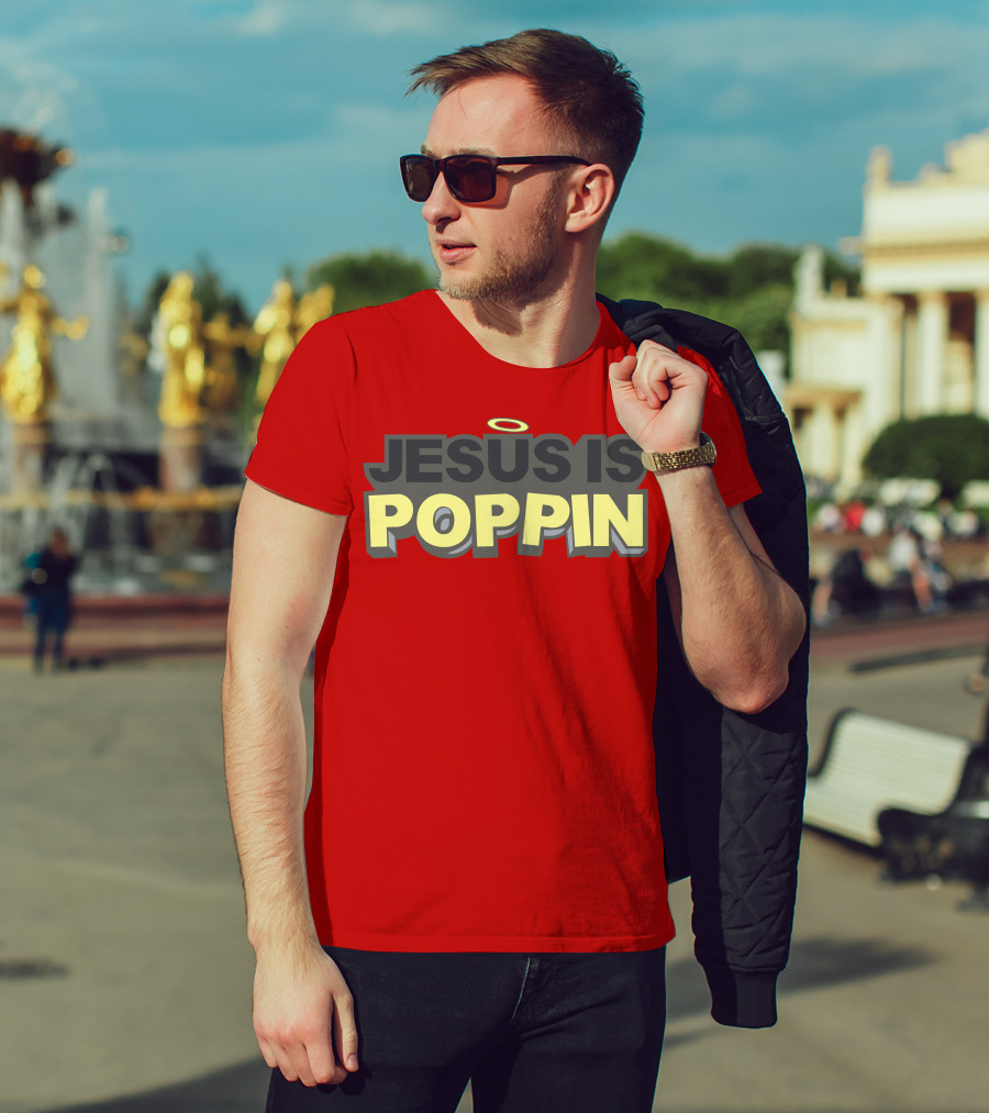JESUS IS POPPIN Angel Halo Icon On Red T-Shirt