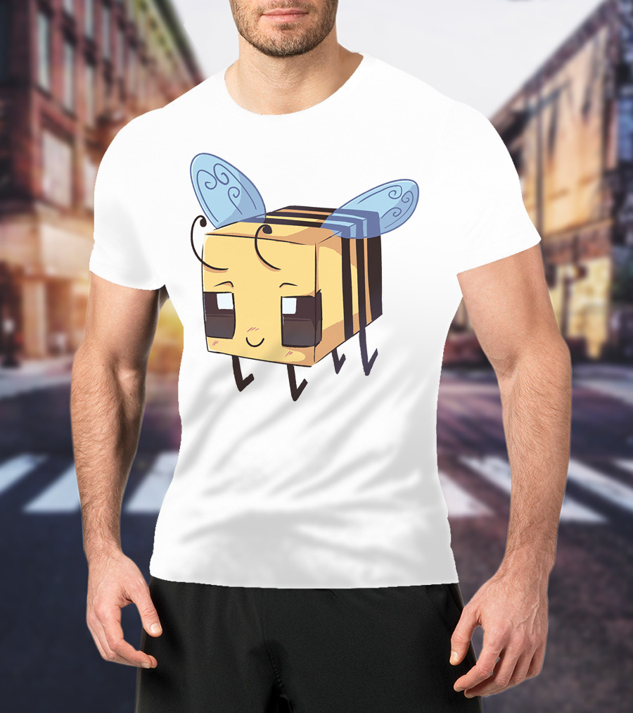 Punz Merch Cute Blocky Bee Character With Whimsical Blue Wings T-Shirt