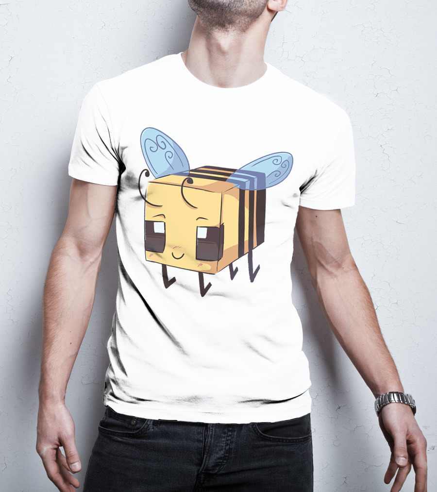 Punz Merch Cute Blocky Bee Character With Whimsical Blue Wings T-Shirt