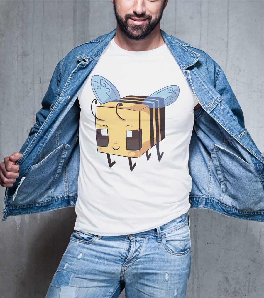 Punz Merch Cute Blocky Bee Character With Whimsical Blue Wings T-Shirt