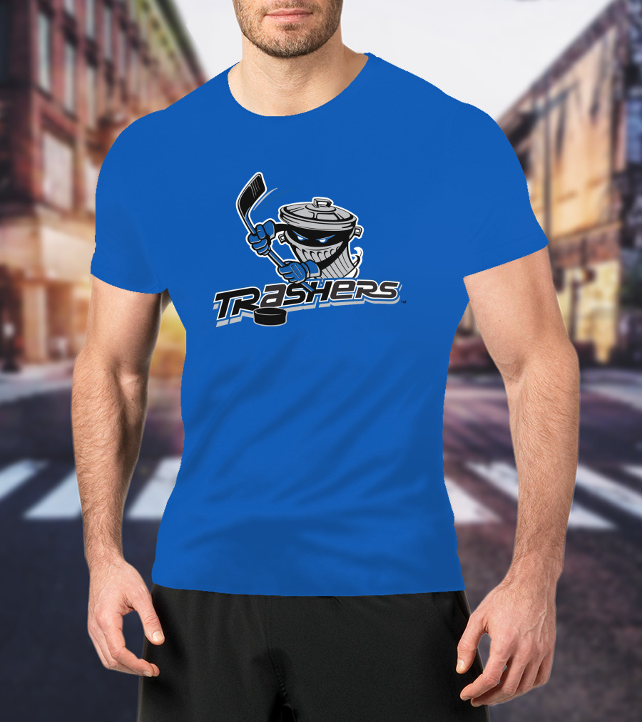 Danbury Trashers Blue Logo Hockey Trash Can Mascot T-Shirt