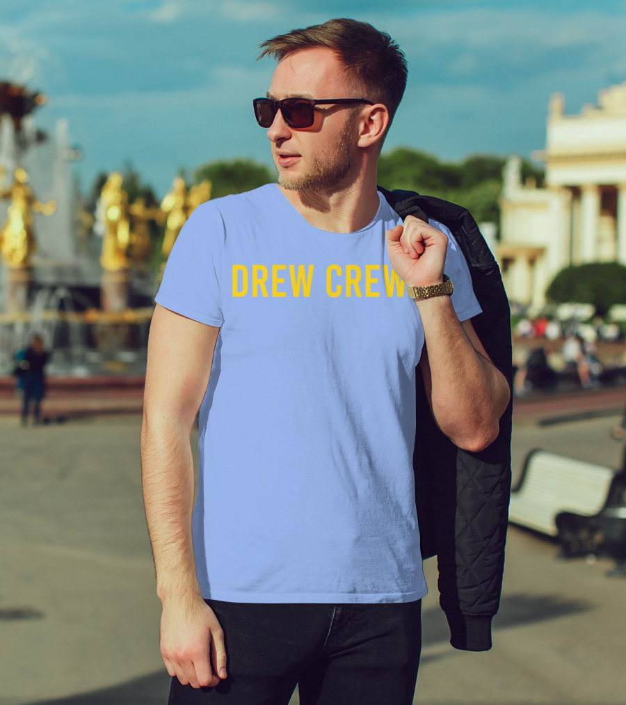 Drew Crew Merch Yellow Text Blue Background T-Shirt