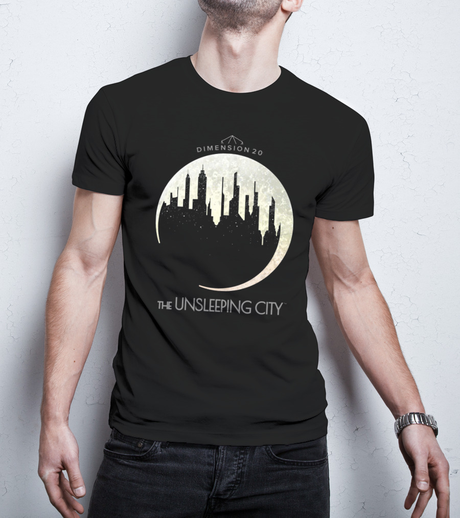 Dimension 20 The Unsleeping City Moon Skyline T-Shirt