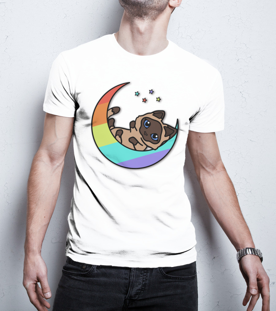 Antfrost Cat On Rainbow Crescent With Stars T-Shirt