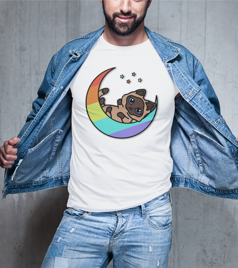 Antfrost Cat On Rainbow Crescent With Stars T-Shirt