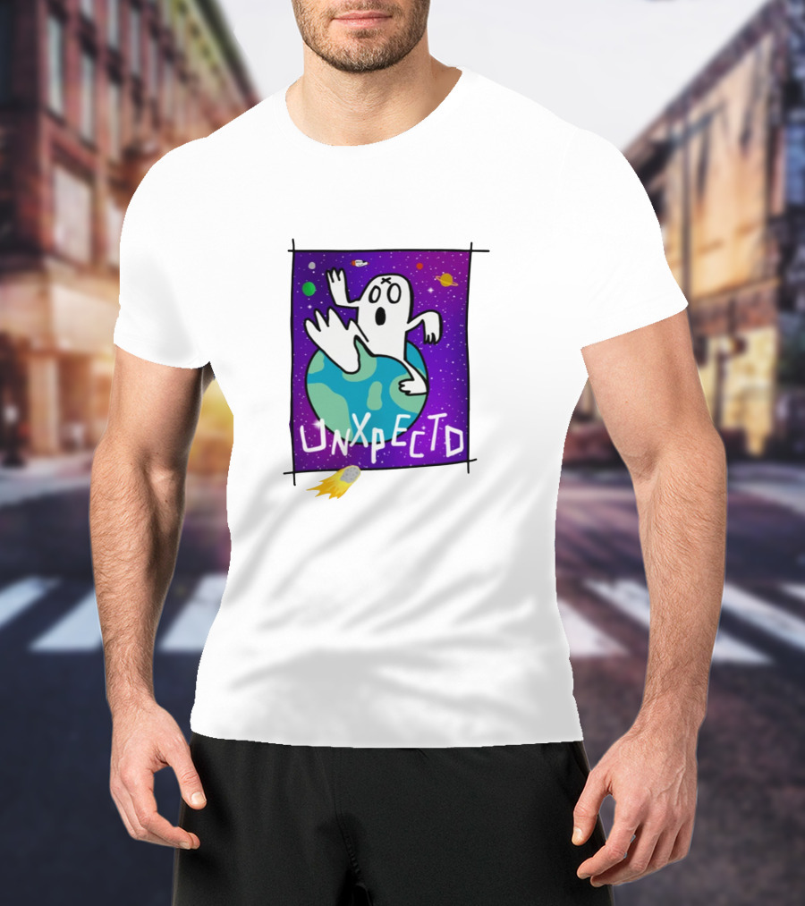 Unxpectd Ghost Mascot Floating In Outer Space With Planets And Asteroids T-Shirt