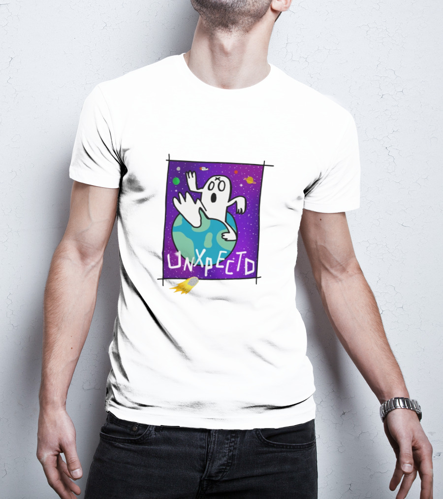 Unxpectd Ghost Mascot Floating In Outer Space With Planets And Asteroids T-Shirt