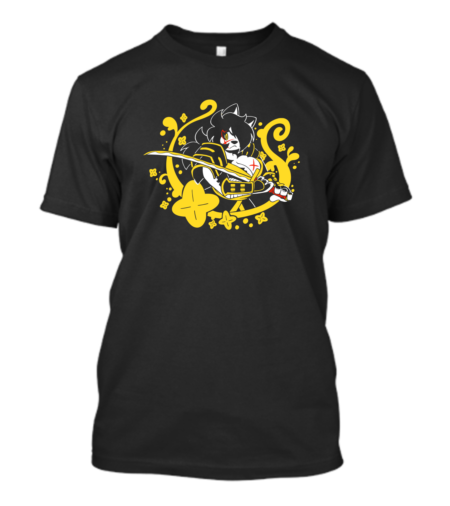 Hachimitsu Samurai Character With Sword And Yellow Floral Motif T-Shirt