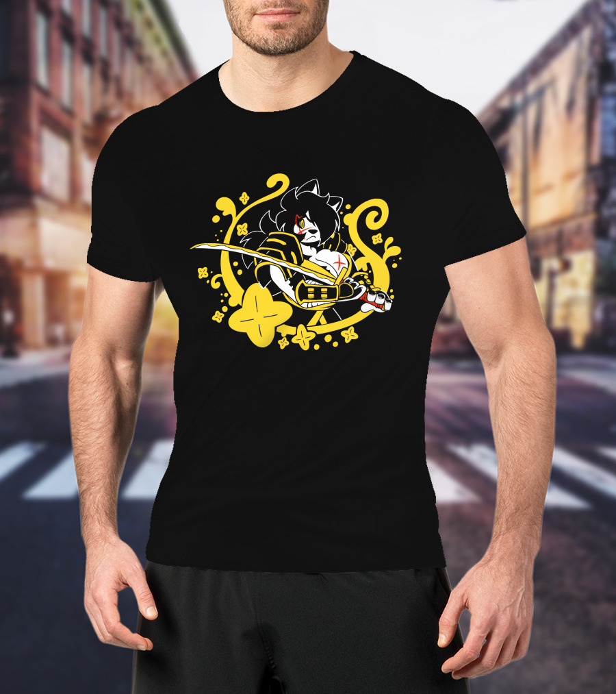 Hachimitsu Samurai Character With Sword And Yellow Floral Motif T-Shirt