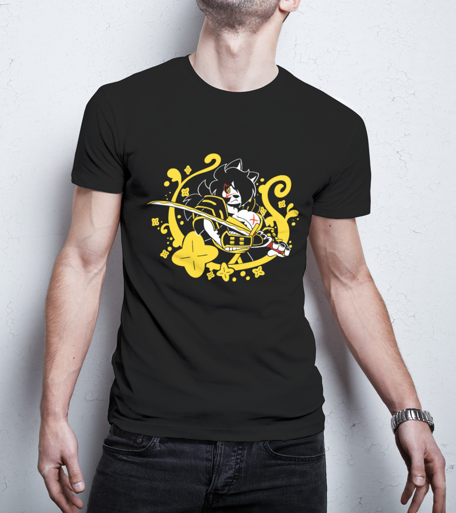 Hachimitsu Samurai Character With Sword And Yellow Floral Motif T-Shirt