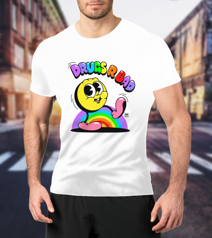 DRUGS R BAD Retro Rainbow Cartoon Smiley T-Shirt