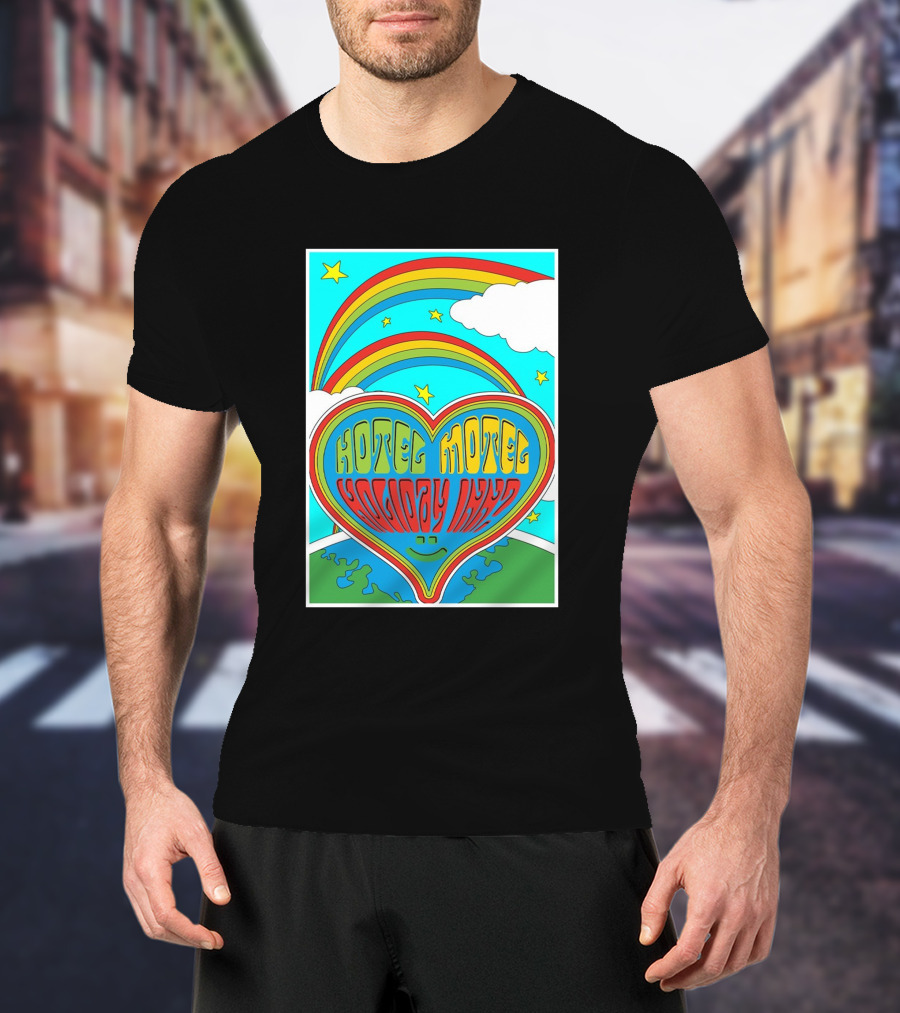 Sarahbaska Hotel Motel Holiday 1973 Rainbow Earth Heart T-Shirt