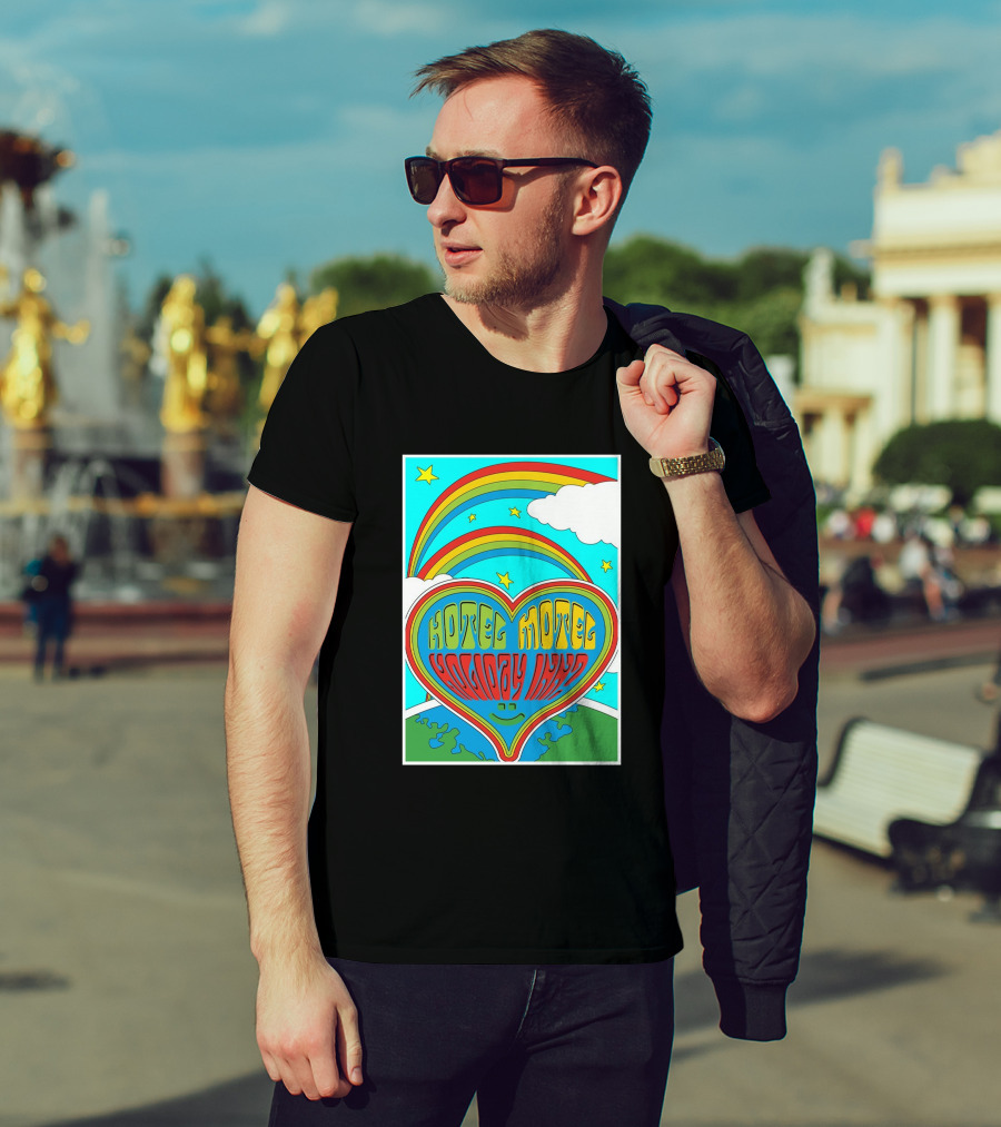 Sarahbaska Hotel Motel Holiday 1973 Rainbow Earth Heart T-Shirt