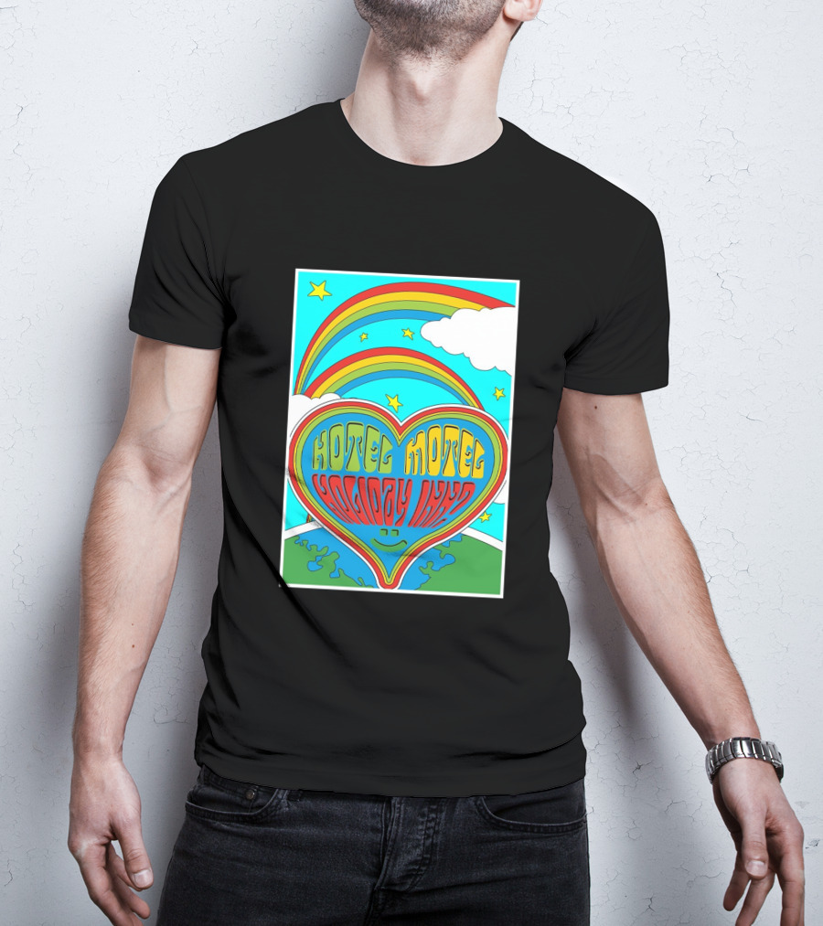 Sarahbaska Hotel Motel Holiday 1973 Rainbow Earth Heart T-Shirt