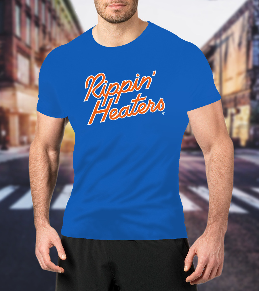 Rippin' Heaters Bold Script White And Orange Retro Style On Blue T-Shirt