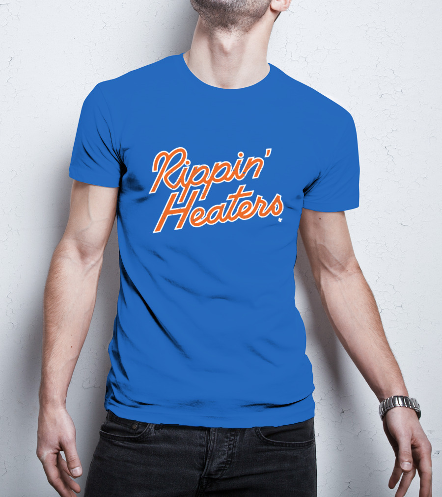 Rippin' Heaters Bold Script White And Orange Retro Style On Blue T-Shirt