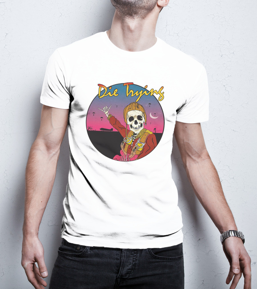 Die Trying Skeleton Paratrooper Skydiving Scene T-Shirt