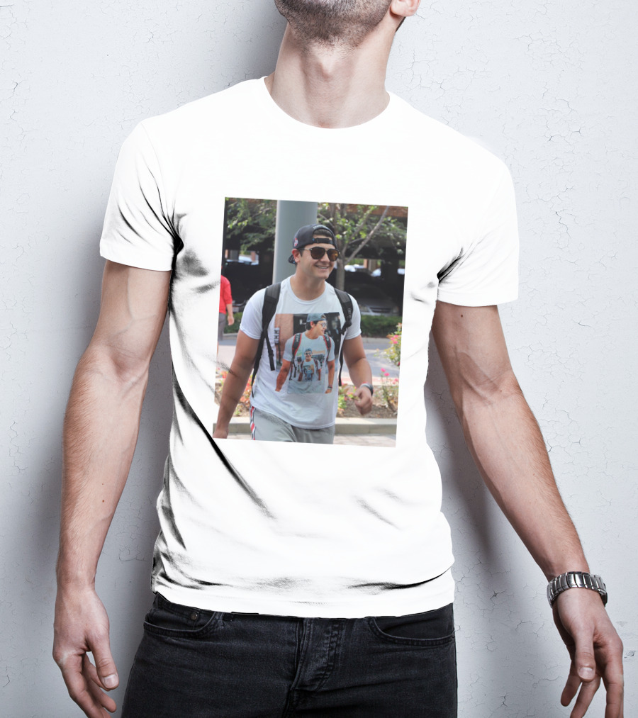 Liam Mccullough Arrives At Ohio State Camp Wearing Photo Print Shirt With Repeating Image T-Shirt