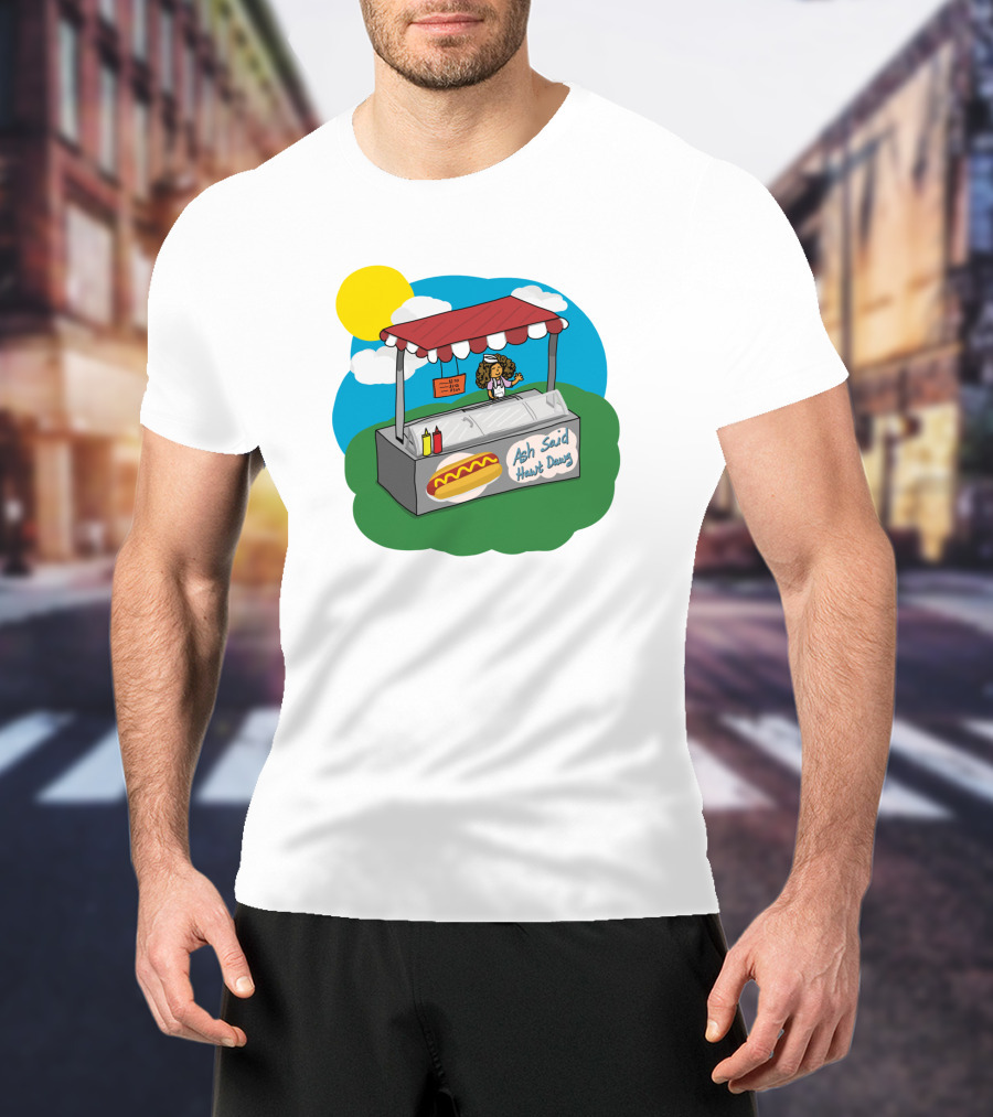 Ash Said Hawt Dawg Stand With Hot Dog And Condiments Under Red Canopy In Cartoon T-Shirt