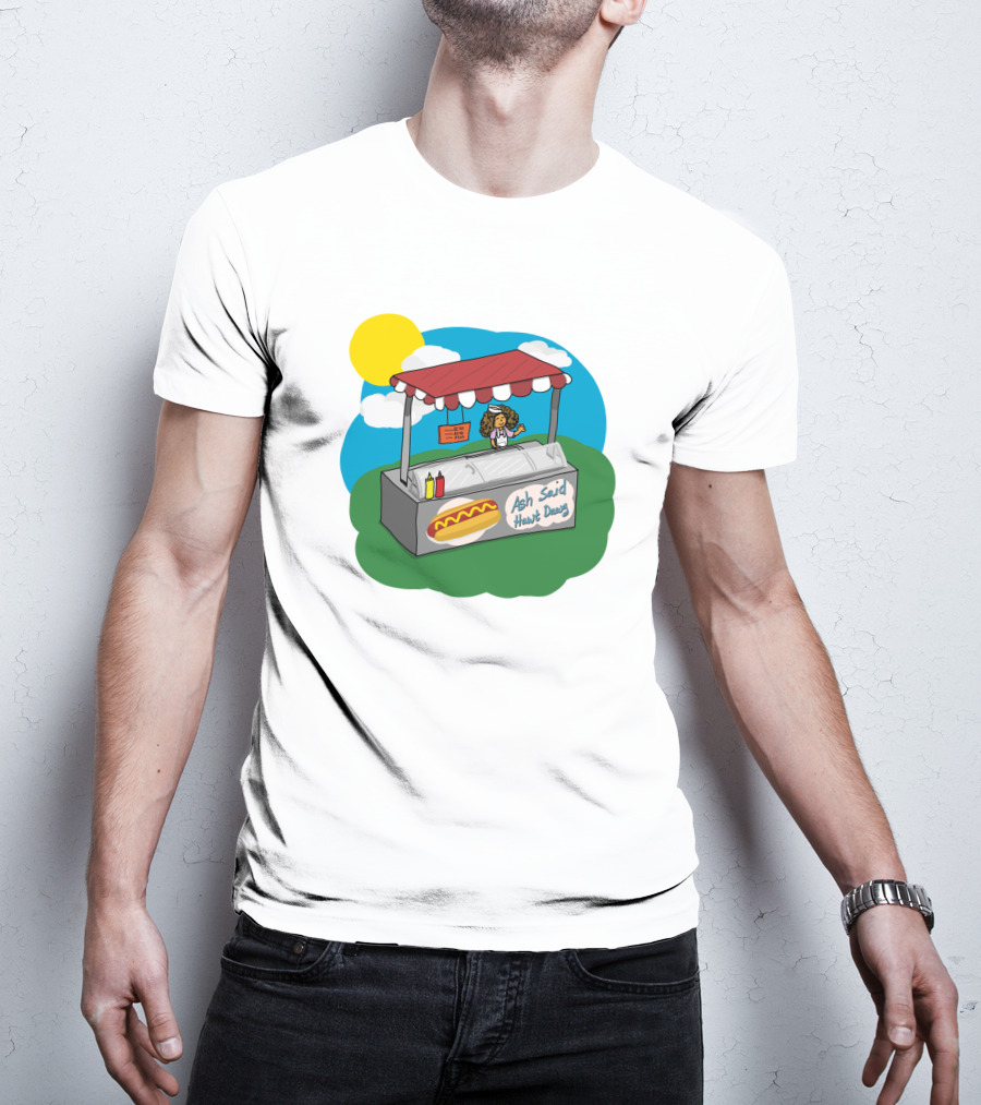Ash Said Hawt Dawg Stand With Hot Dog And Condiments Under Red Canopy In Cartoon T-Shirt