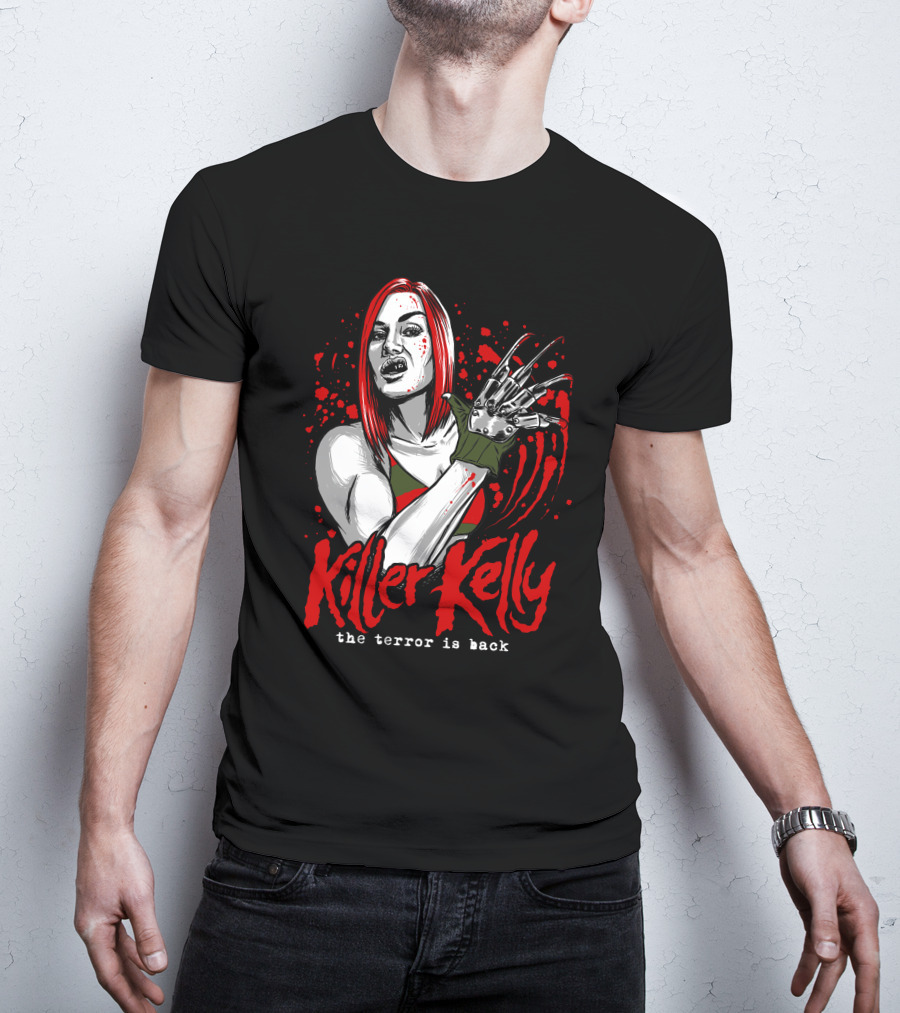 Killer Kelly The Terror Is Back Freddy Krueger Inspired Character Blood Splatter T-Shirt