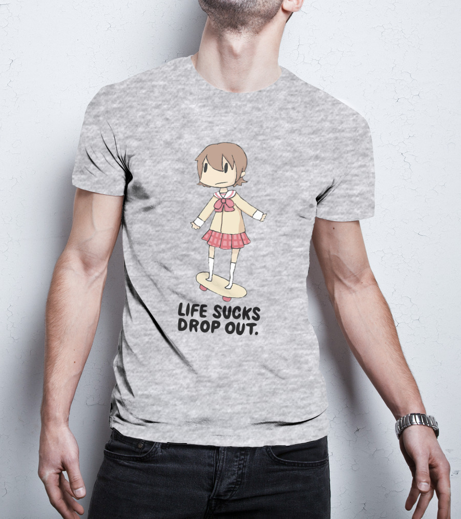 Life Sucks Drop Out Anime Style Character On Skateboard T-Shirt