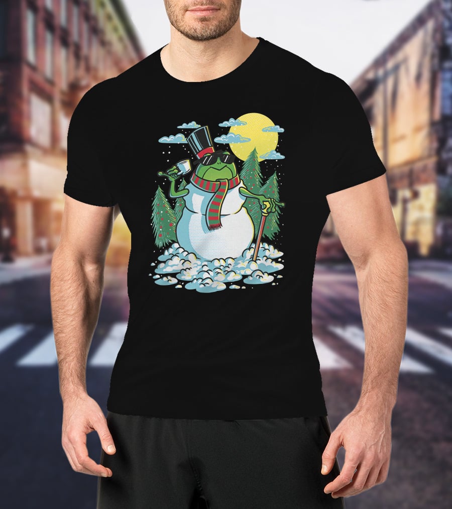 BoomerNA Merch BoomerNA Snowfrog Frog Snowman Christmas Tree Top Hat Cane T-Shirt