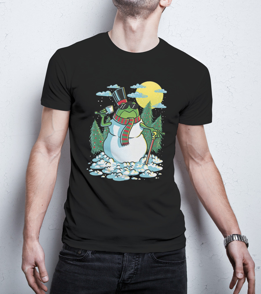 BoomerNA Merch BoomerNA Snowfrog Frog Snowman Christmas Tree Top Hat Cane T-Shirt