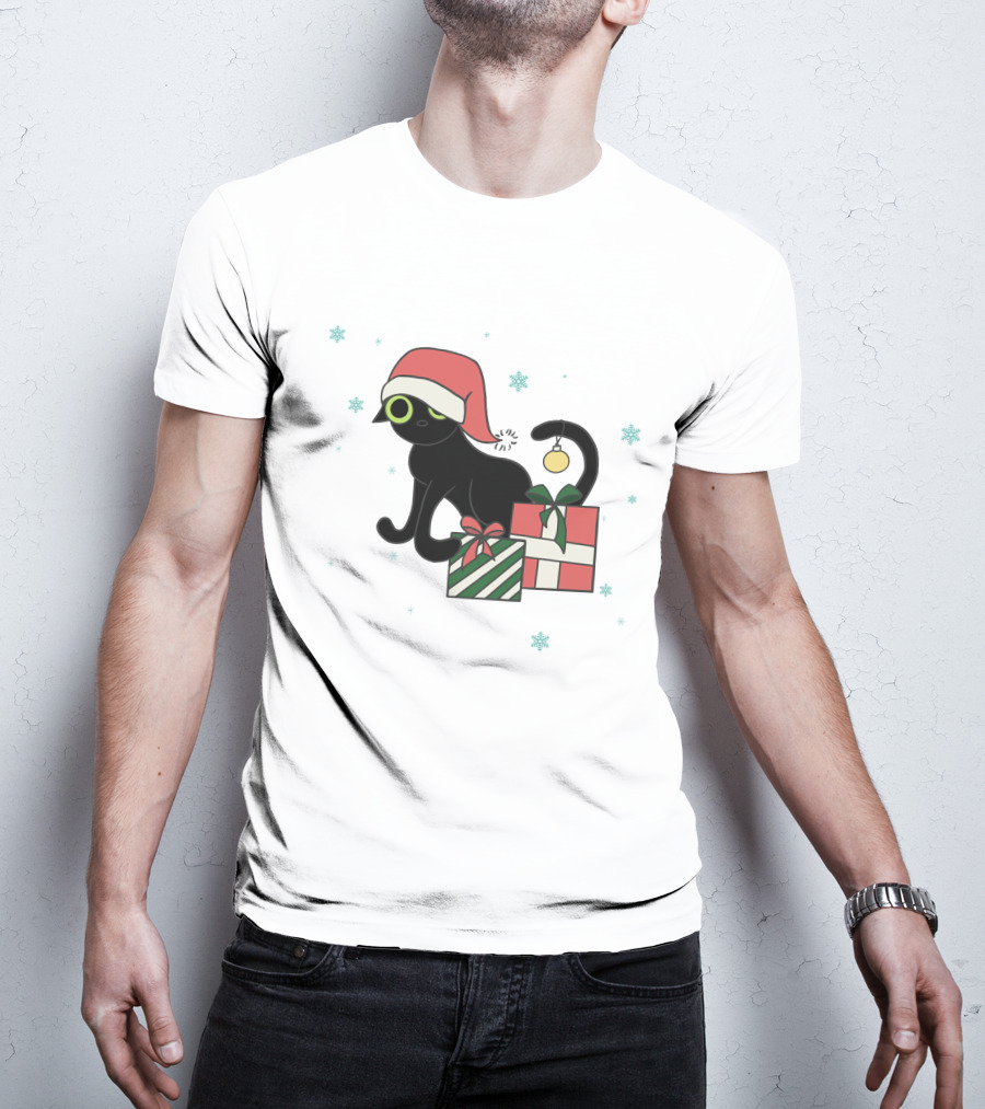 Jinx Holiday Merch Bigfootjinx Holiday Black Cat Santa Hat Presents Snowflakes T-Shirt