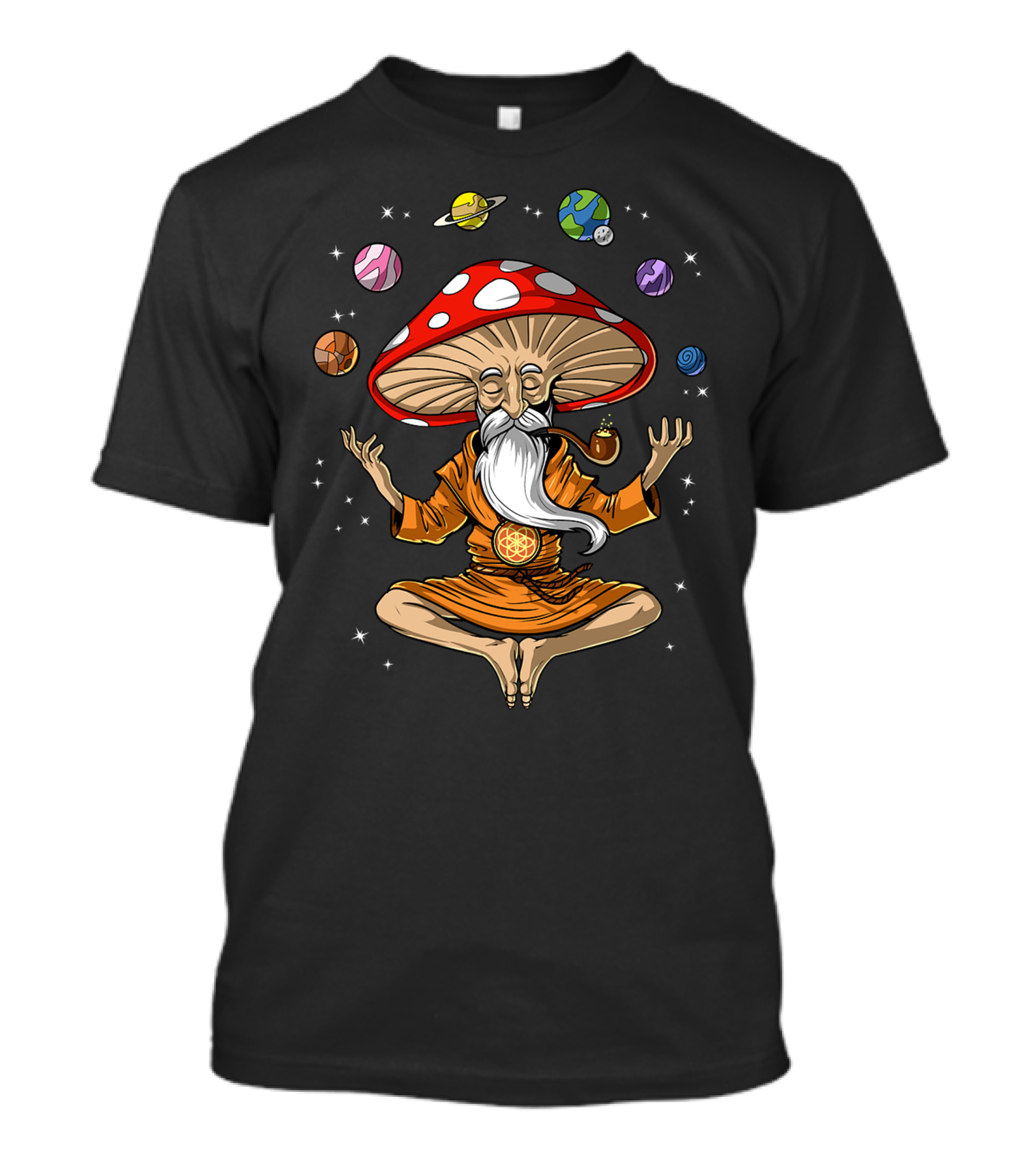 Buddha Cosmic Magic Mushroom Planets Blockgeekdima T-Shirt