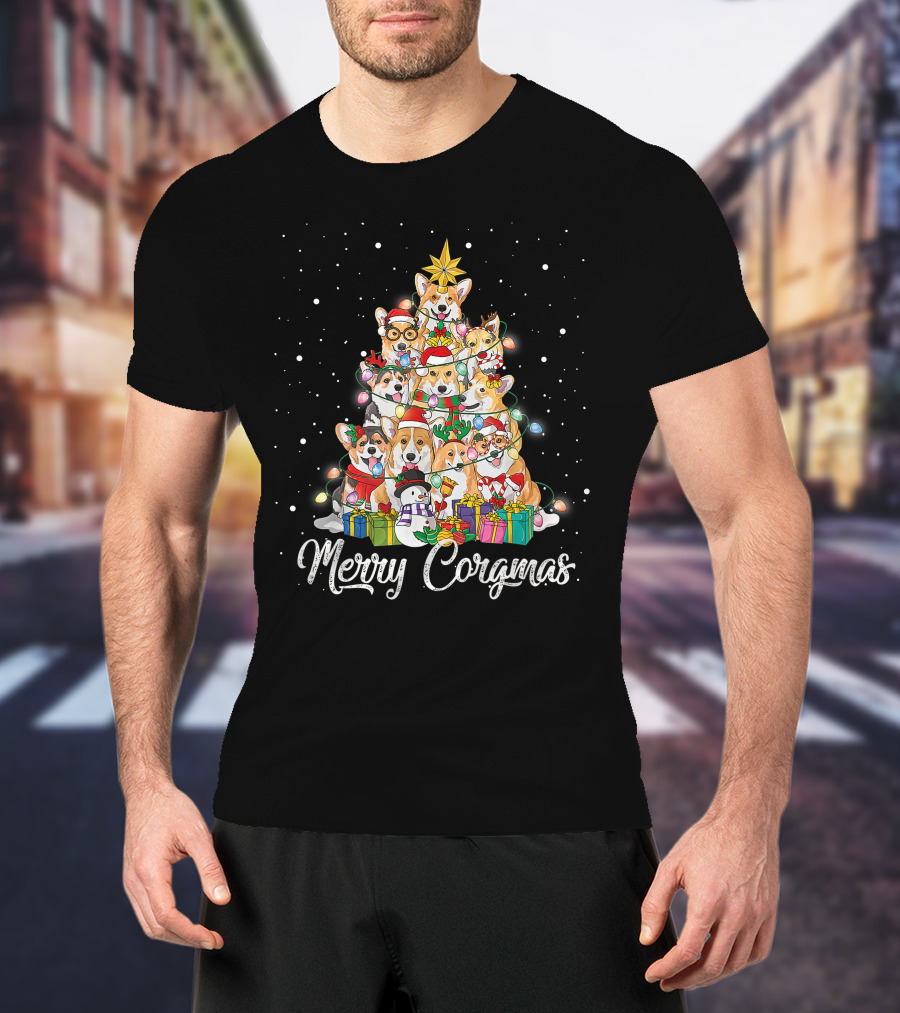 Merry Corgmas Corgi Christmas Tree Dog Gifts Snowman Star Lights T-Shirt