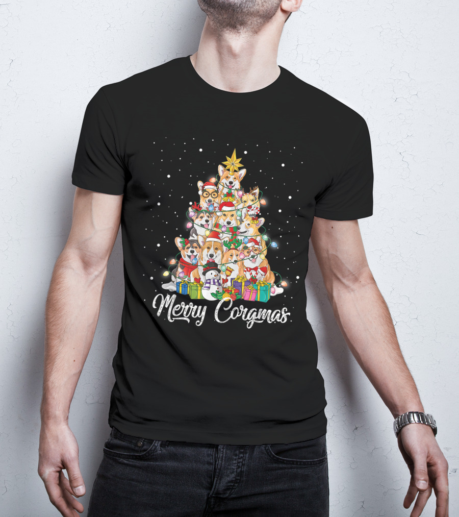 Merry Corgmas Corgi Christmas Tree Dog Gifts Snowman Star Lights T-Shirt