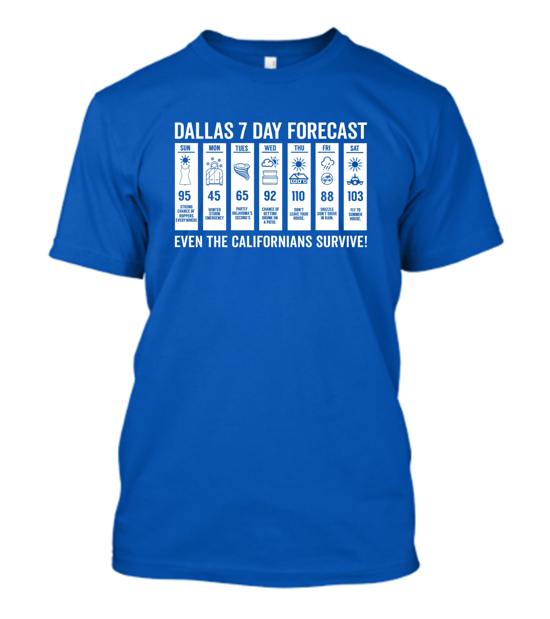 Dallas 7 Day Forecast Weather Parody Even The Californians Survive Bullzerk Merch T-Shirt