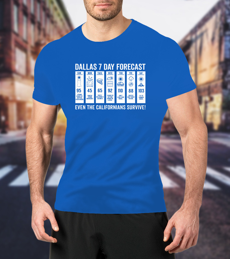Dallas 7 Day Forecast Weather Parody Even The Californians Survive Bullzerk Merch T-Shirt