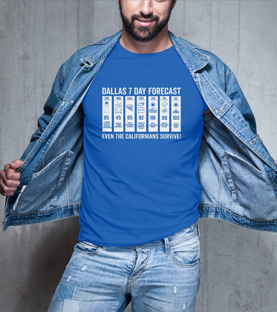 Dallas 7 Day Forecast Weather Parody Even The Californians Survive Bullzerk Merch T-Shirt