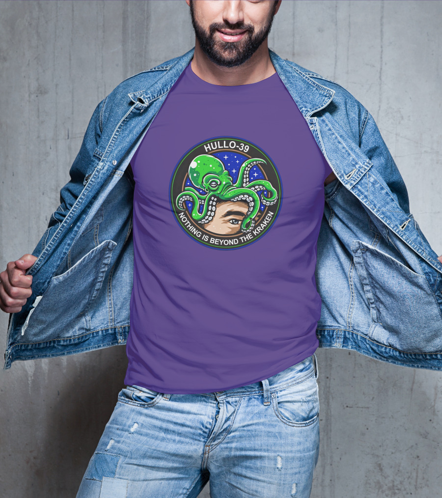 Hullo-39 Nothing Is Beyond The Kraken Green Octopus Starry Sky Badge T-Shirt