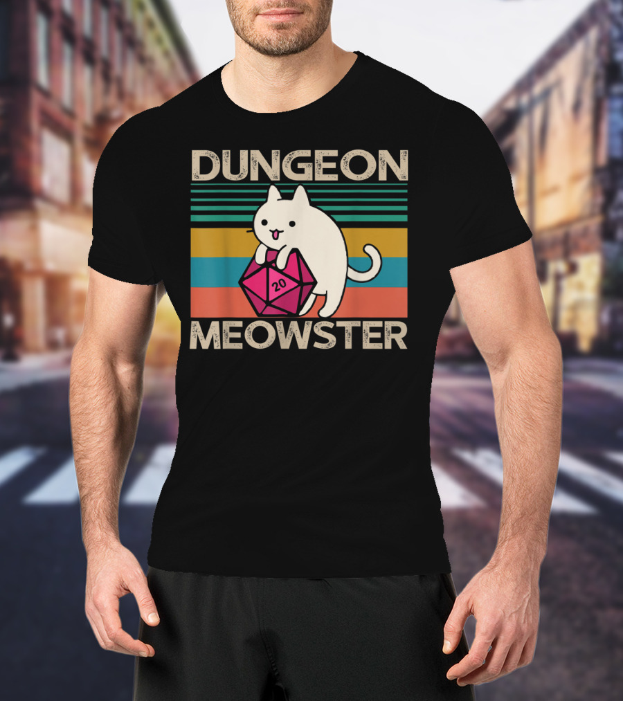 Dungeon Meowster Nerdy Gamer Cat D20 RPG Retro Stripes T-Shirt