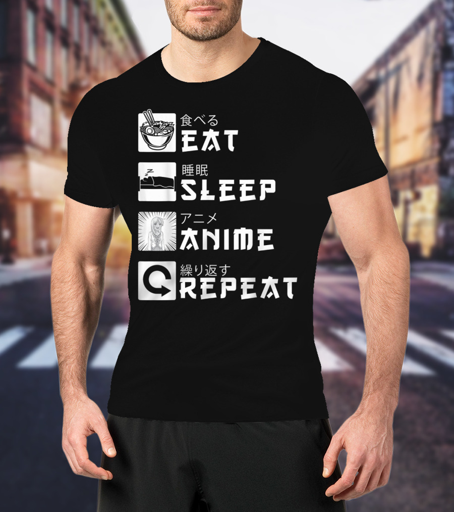 Eat Sleep Anime Repeat Japanese Manga Cosplay Bowl Zzzz Girl Arrows T-Shirt