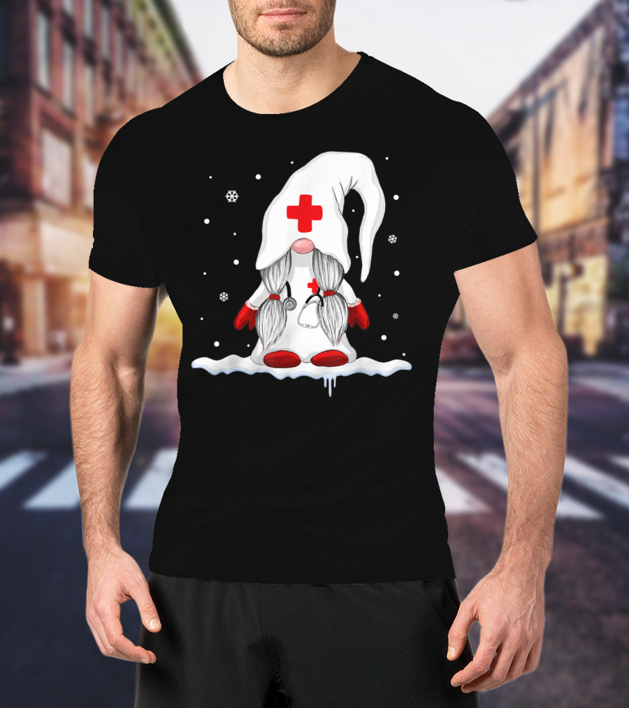 Gnome Nurse With Stethoscope And Red Cross Winter Scene T-Shirt