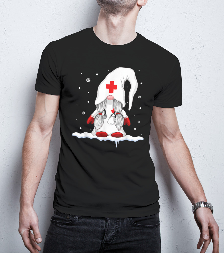 Gnome Nurse With Stethoscope And Red Cross Winter Scene T-Shirt