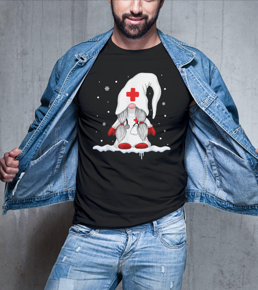 Gnome Nurse With Stethoscope And Red Cross Winter Scene T-Shirt