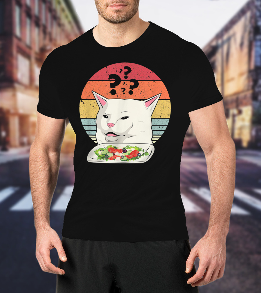 Cat Meme Confused Expression With Salad And Retro Color Stripes T-Shirt