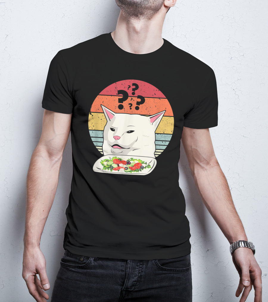 Cat Meme Confused Expression With Salad And Retro Color Stripes T-Shirt