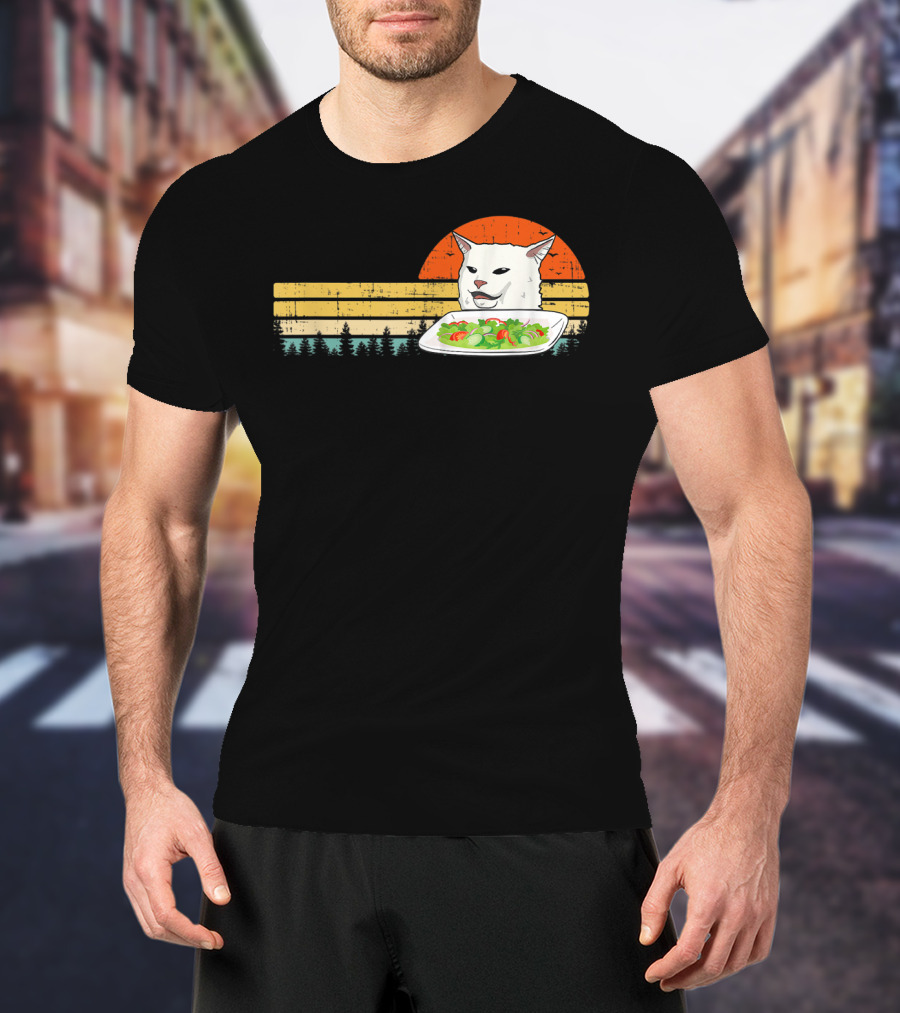Yelling Cat Meme Retro Sunset Salad Plate Forest Scene T-Shirt