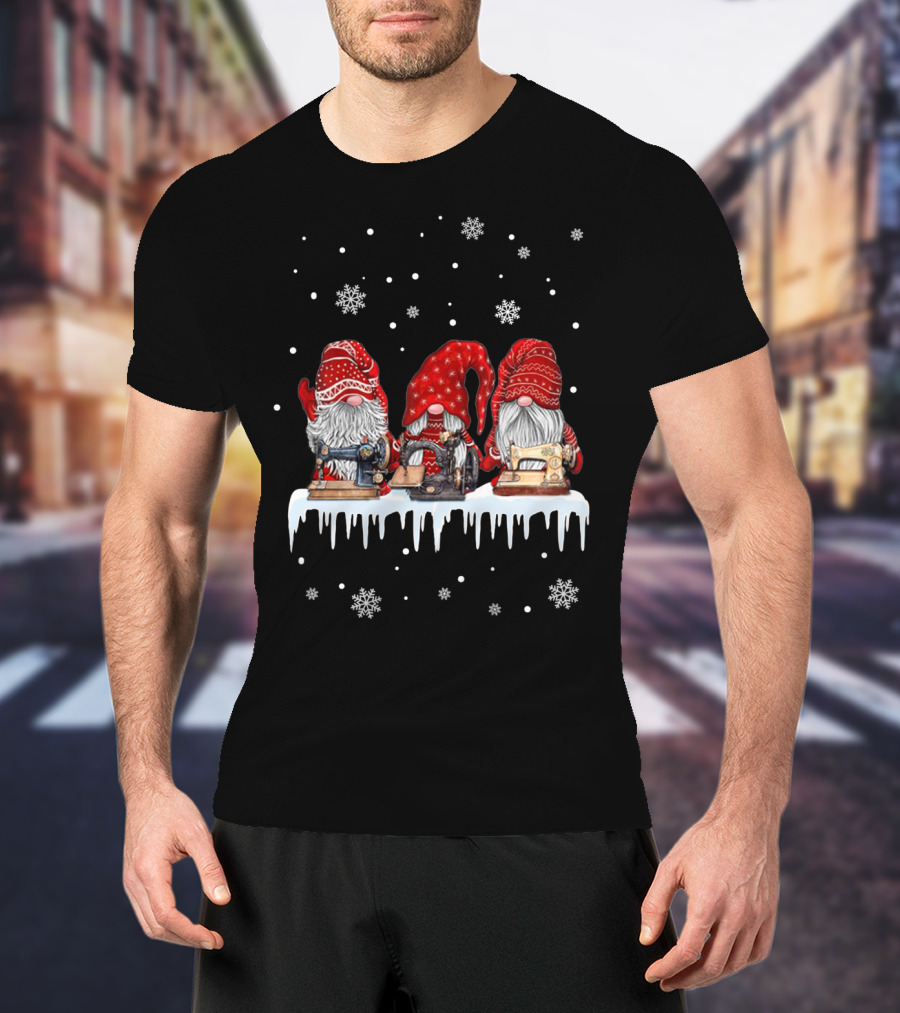 Christmas Gnome Red Sewing Machine Snowflakes T-Shirt