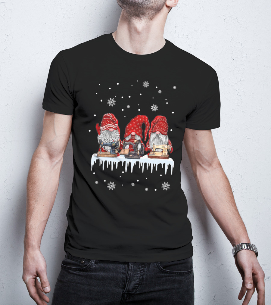 Christmas Gnome Red Sewing Machine Snowflakes T-Shirt