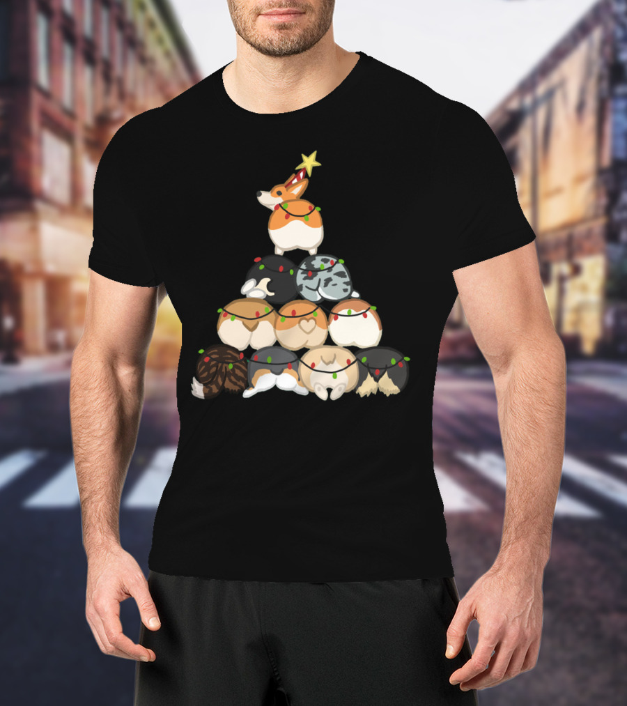 Corgi Butt Christmas Tree With Festive Lights And Star Topper T-Shirt