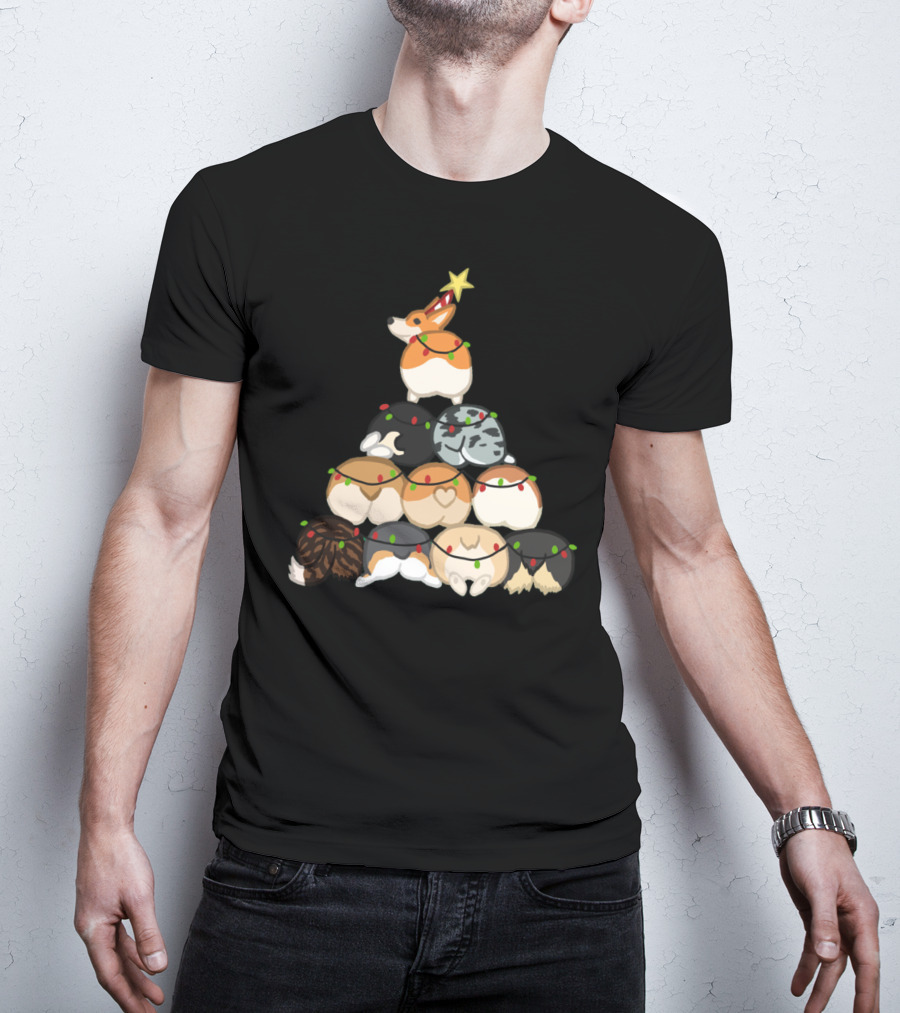 Corgi Butt Christmas Tree With Festive Lights And Star Topper T-Shirt