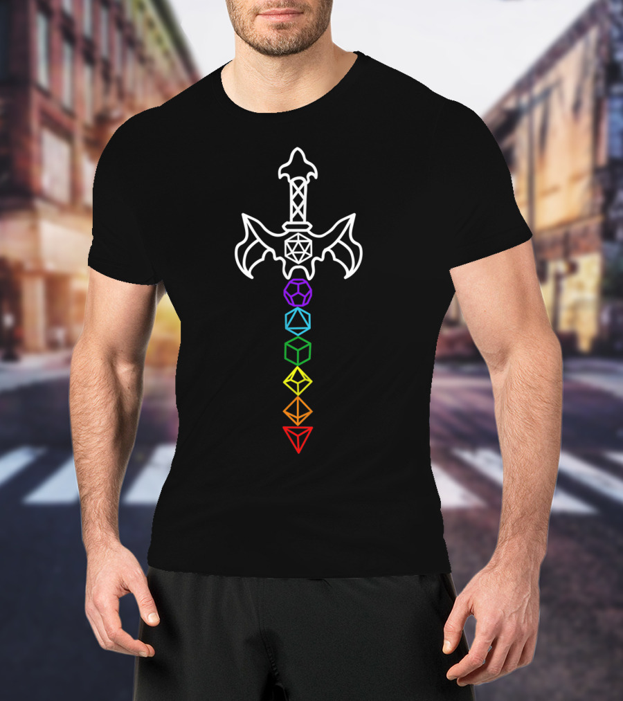 Dice Sword Rainbow Tabletop Nerdy Gay Pride T-Shirt