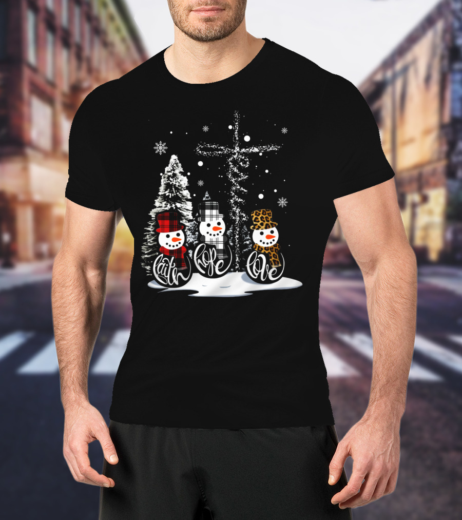 Faith Hope Love Snowmen Jesus Christmas Leopard Plaid T-Shirt